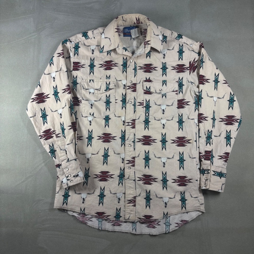 Wrangler Western Shirt Mens Medium Pearl Snap Steer Skull Southwest Print Cream
